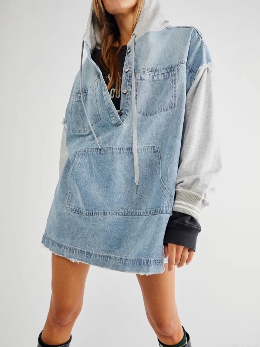 Free People Denim & Sweatshirt Hoodie Dress